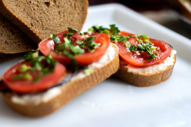 Deliziosi panini toast marroni con verdure fresche come pomodori a fette rosse e melanzane fritte nere con verdure in cima sul piatto bianco