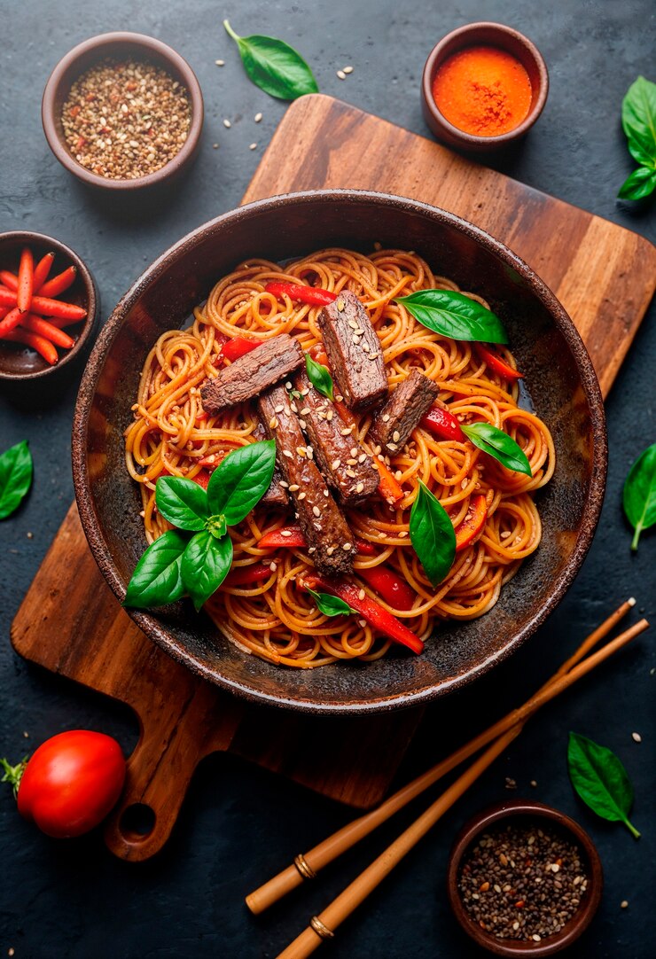 Foto gratuito deliziosi spaghetti di manzo.