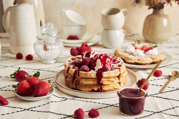 Deliziosi waffle con fragole e lamponi gelato alla vaniglia su un tavolo per la colazione