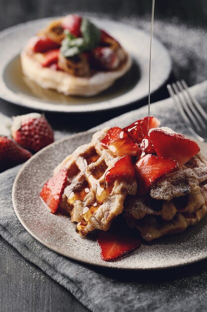 Deliziosi waffle con frutta e miele