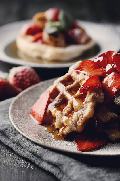 Deliziosi waffle con frutta e miele