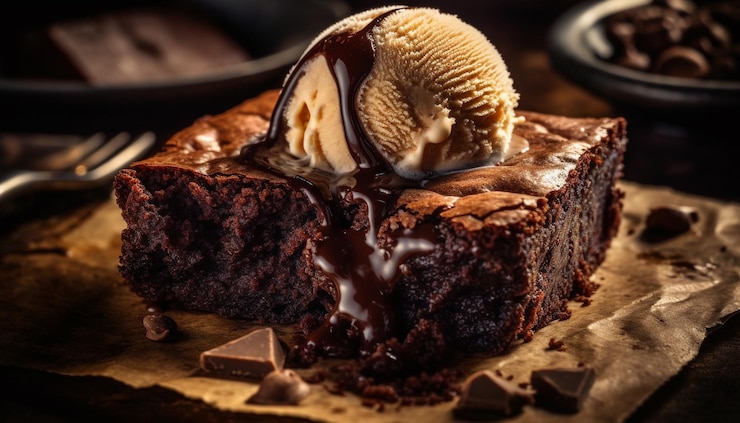 Foto gratuito delizioso brownie fatto in casa con glassa al cioccolato e noci pecan generato dall'intelligenza artificiale