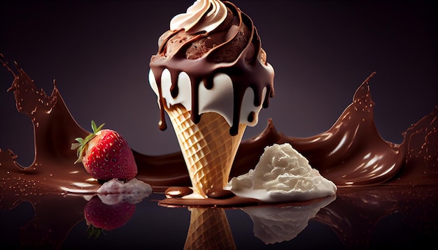 Delizioso cono gelato al cioccolato con guarnitura alla fragola AI generativa