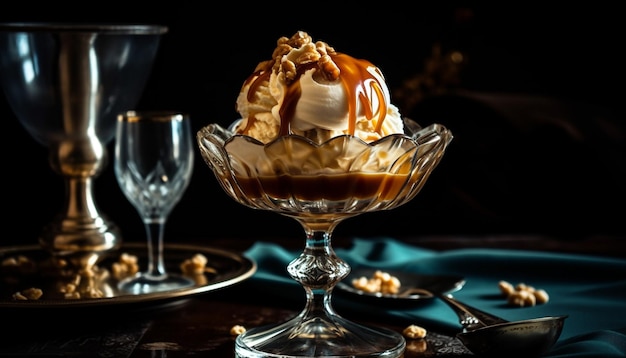 Delizioso dessert al cioccolato gourmet su un tavolo elegante generato dall'intelligenza artificiale