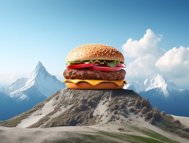 Delizioso hamburger 3d con paesaggi montani