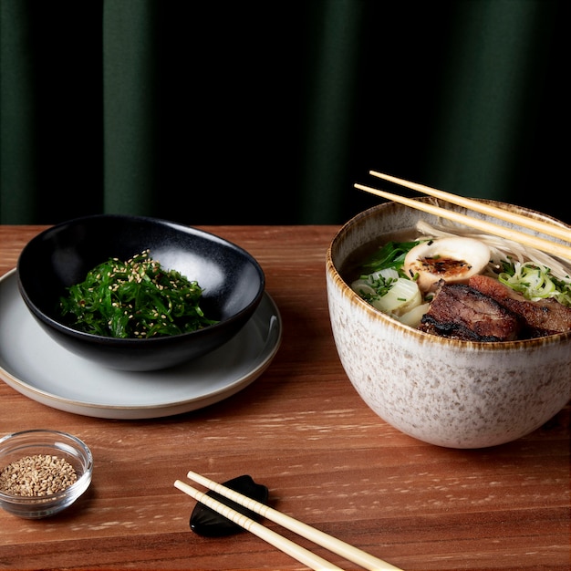 Delizioso ramen con il concetto di insalata di alghe