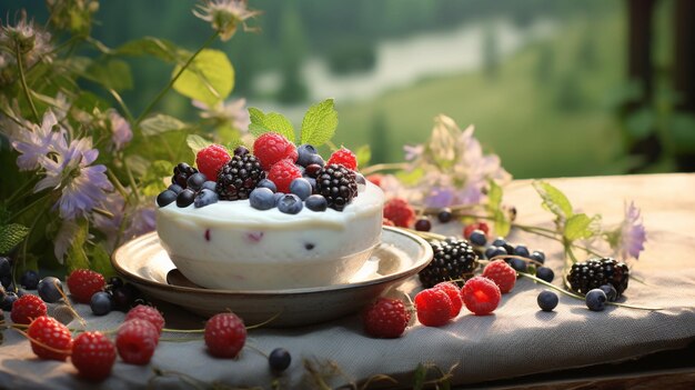 Delizioso yogurt con frutti di bosco su un tavolo antico