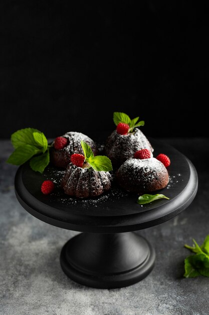 Dessert del cioccolato del primo piano con zucchero in polvere
