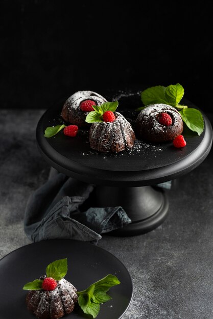 Dessert del cioccolato del primo piano con zucchero in polvere