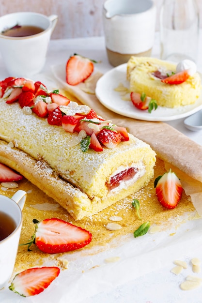 Dessert e tè con involtino svizzero alla fragola fotografia di cibo