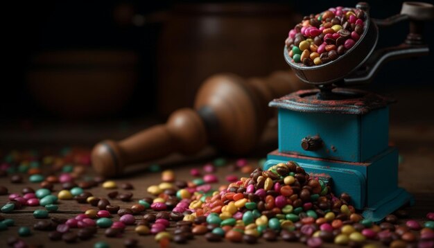 Dessert gourmet al cioccolato con guarnizioni di caramelle colorate generate dall'intelligenza artificiale