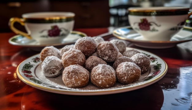 Dessert gourmet al cioccolato su piatto di legno indulgenza generata dall'intelligenza artificiale