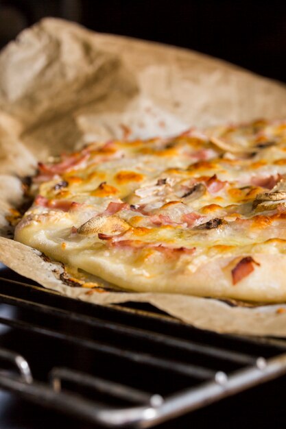 Dettaglio della pizza fatta in casa sulla griglia del forno