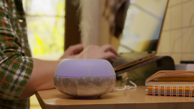 Diffusore di olio essenziale sul tavolo e donna freelance che lavora su un laptop moderno in background