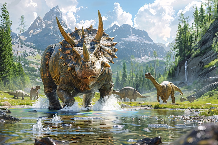 Foto gratuito dinosauro triceratops estinto con habitat naturale