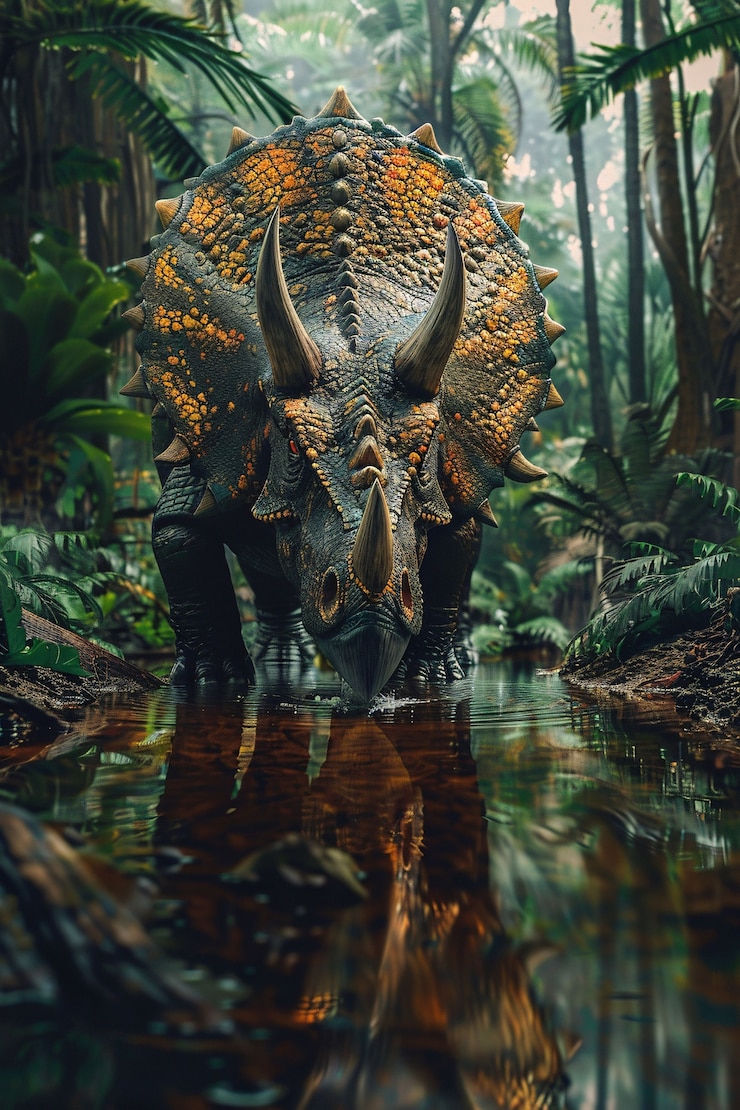 Foto gratuito dinosauro triceratops estinto con habitat naturale