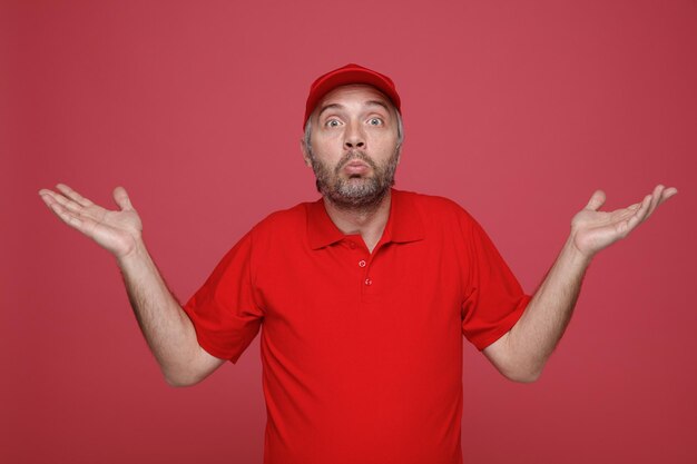 Dipendente uomo di consegna in uniforme tshirt bianca con cappuccio rosso guardando la fotocamera confusa alzando le braccia senza risposta in piedi su sfondo rosso