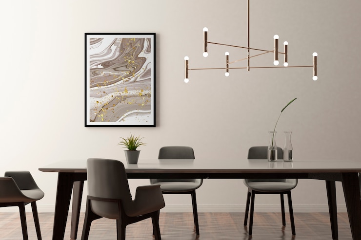 Foto gratuito disegno d'interno con cornice fotografica e tavolo