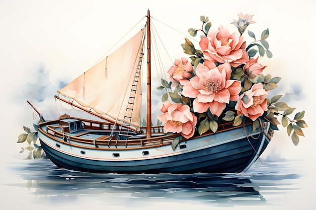 disegno di barca floreale ad acquerello
