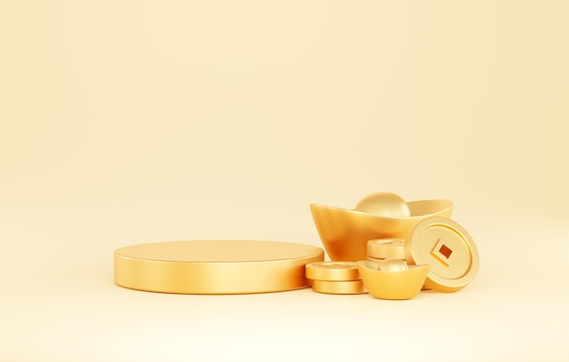 Display del prodotto del piedistallo del podio d'oro con Yuan Bao oro cinese e moneta cinese festival del nuovo anno sfondo 3D illustrazione presentazione vuota della scena del display per il posizionamento del prodotto