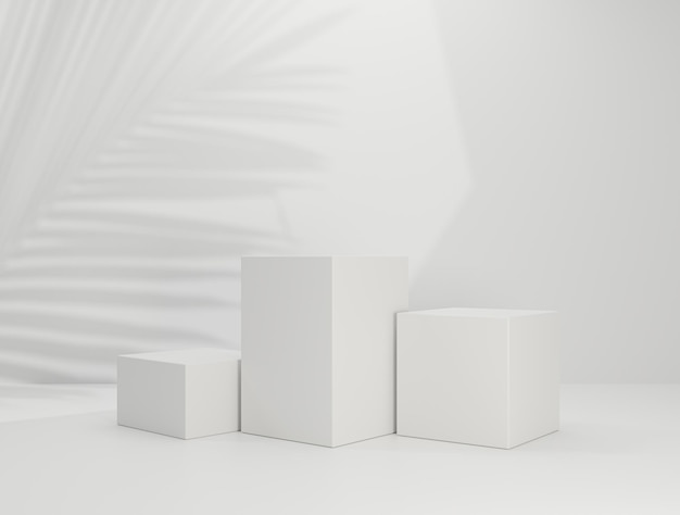 Display del prodotto vuoto del piedistallo bianco del podio per mostrare la piattaforma del prodotto cosmetico con l'ombra delle foglie su sfondo bianco Rendering 3d