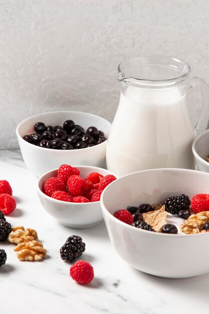 Disposizione ad alto angolo di cereali sani ciotola con frutti di bosco