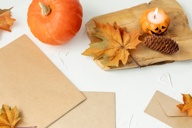 Disposizione autunnale con foglie e zucca