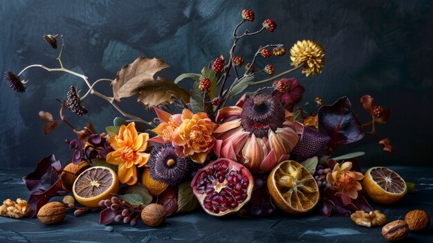 Disposizione con frutta e verdura secca decorativa