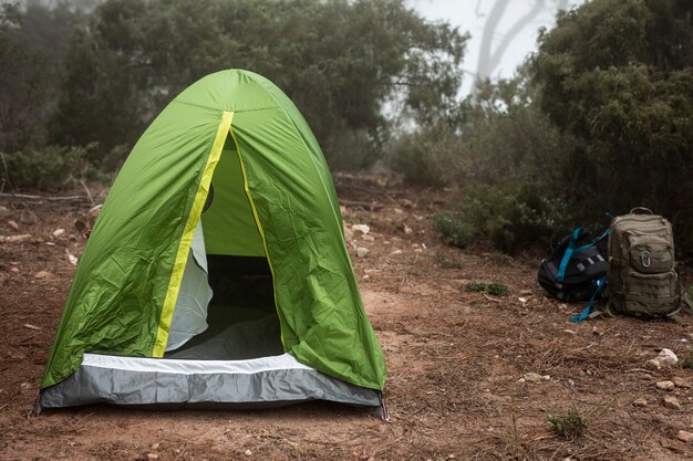 Disposizione con tenda verde in natura