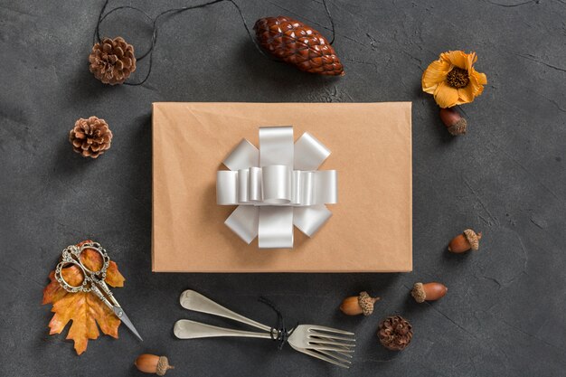 Disposizione confezione regalo e pigne