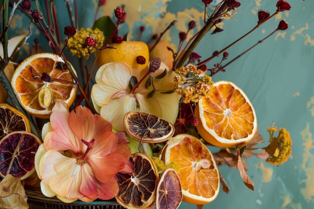 Disposizione decorativa con frutta secca e fiori