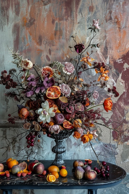 Disposizione decorativa con frutta secca e fiori