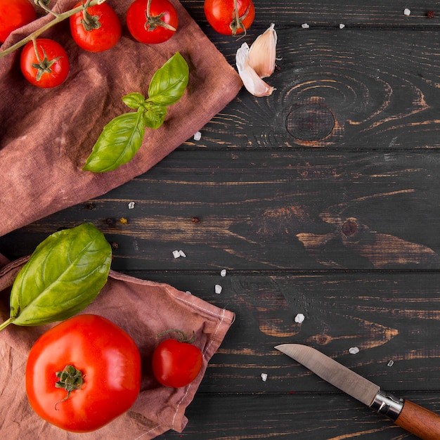 Disposizione degli ingredienti deliziosi piatti laici con lo spazio della copia