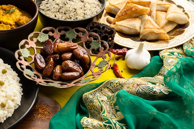 Disposizione del cibo con sari ad alto angolo
