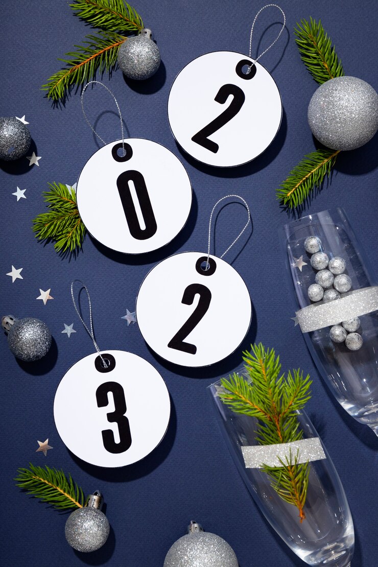 Foto gratuito disposizione delle decorazioni di capodanno piatto