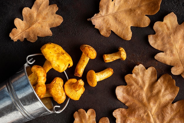 Disposizione di funghi al forno e foglie secche