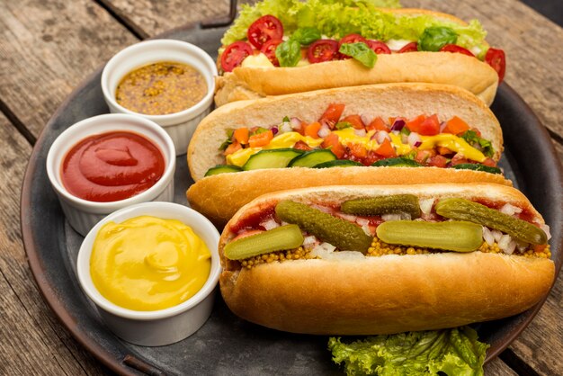 Disposizione di salse e hot dog ad alto angolo