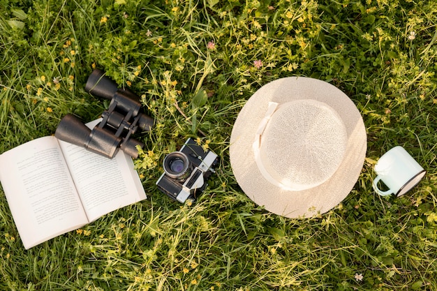 Disposizione di vista superiore con la macchina fotografica su erba