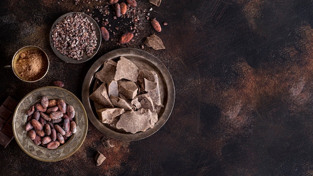 Disposizione piana dei pezzi di cioccolato sul piatto con fave di cacao e polvere e spazio della copia