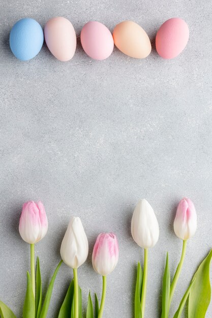 Disposizione piana delle uova di Pasqua variopinte e dei tulipani sbalorditivi