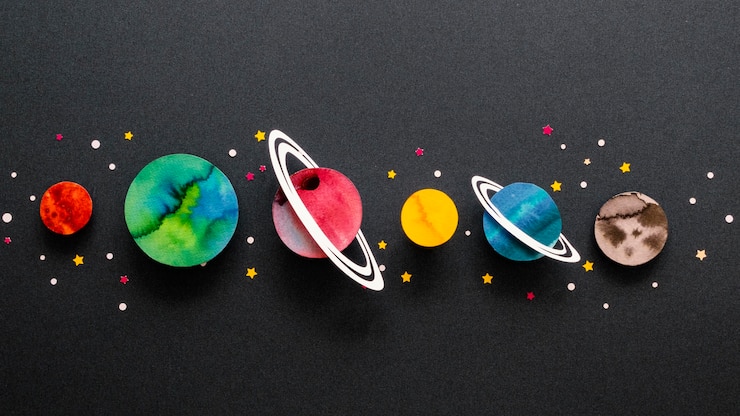Foto gratuito disposizione piatta dei pianeti di carta creativa