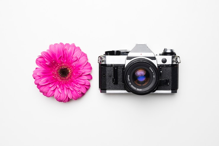 Foto gratuito disposizione piatta della macchina fotografica accanto al fiore