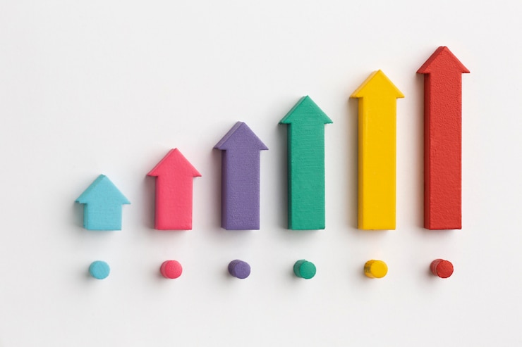 Foto gratuito disposizione piatta della presentazione delle statistiche con grafico e frecce