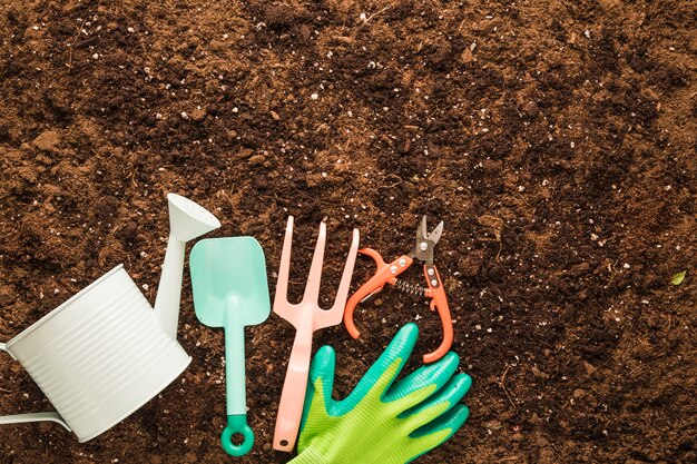 Disposizione piatta di attrezzi da giardino con copyspace