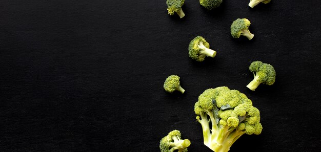 Disposizione piatta di deliziosi broccoli freschi con spazio di copia