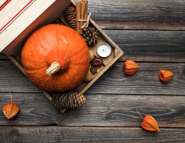 Disposizione vista dall'alto con zucca in scatola di legno