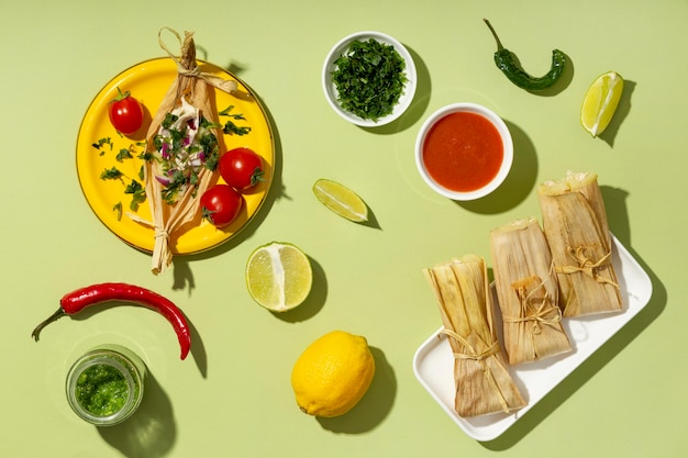 Disposizione vista dall'alto degli ingredienti tamales