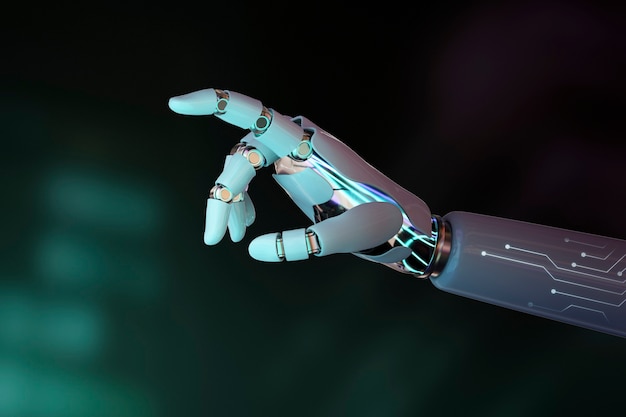 Dito puntato della mano del robot, sfondo della tecnologia AI