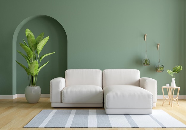 Divano in soggiorno verde con copia spazio