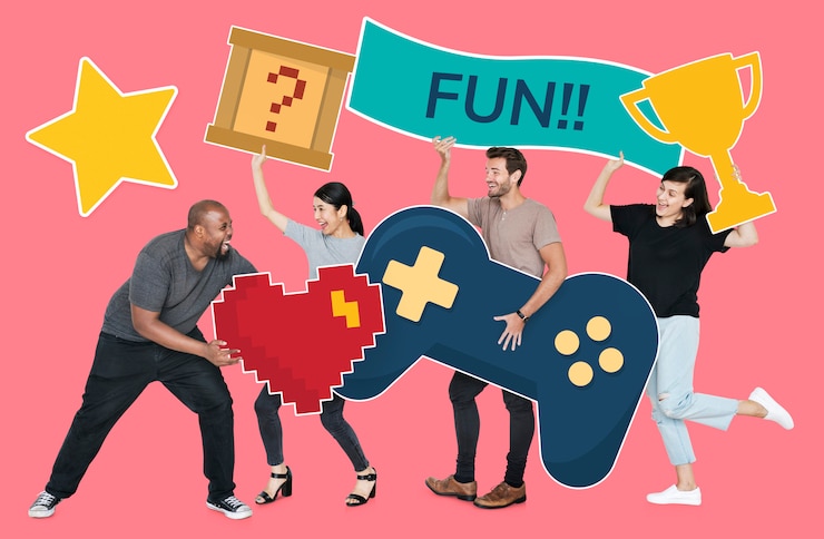 Foto gratuito diverse persone giocose tenendo icone di gioco